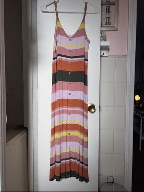 LOFT Striped Spaghetti-Strap Maxi Dress in Pink, Yellow, Rust and Olive